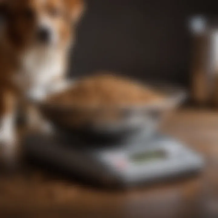 A dog weighing scale with a bowl of dry food, emphasizing the importance of accurate portion measurement.