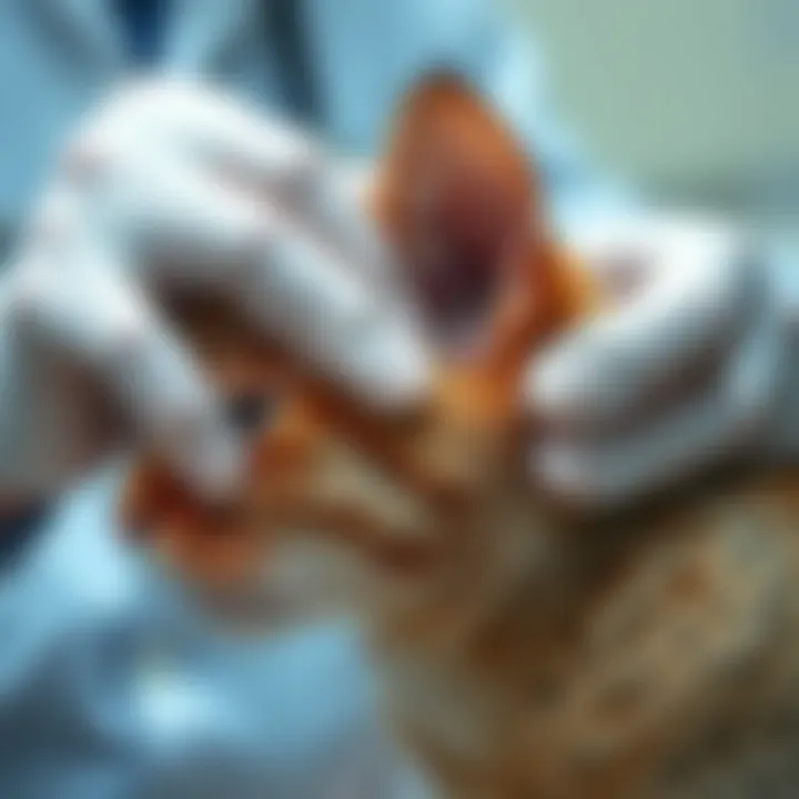 Veterinarian examining a cat's ear for mites