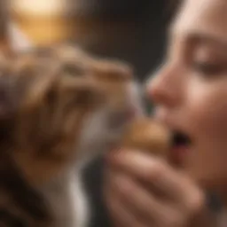 A close-up of a cat nibbling gently on a person's finger.