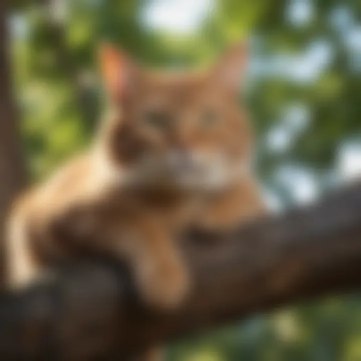 An outdoor scene of a cat perched on a tree branch, observing its surroundings before resting.