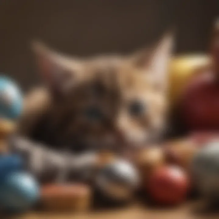 A playful kitten dozing off amidst toys, highlighting natural sleep instinct.