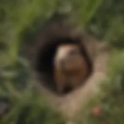 Close-up view of a gopher hole in a grassy yard