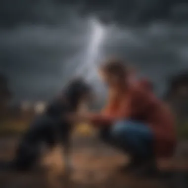 Dog owner comforting scared pet during a storm