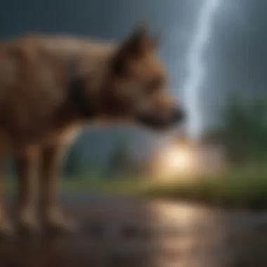 Dog cowering in fear during a thunderstorm