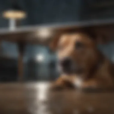 Dog hiding under a table during a thunderstorm