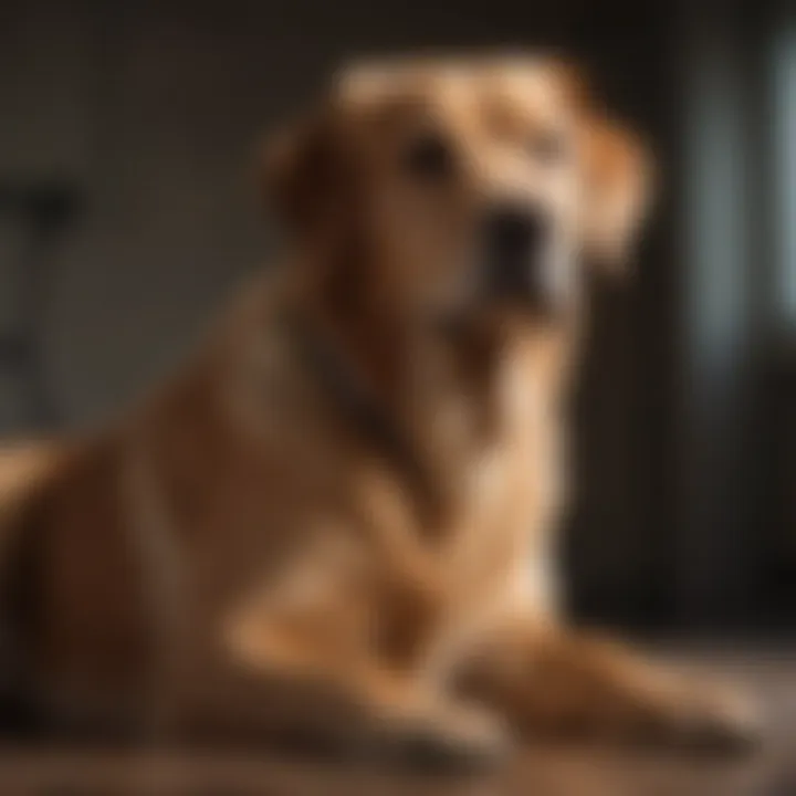 A large dog exhibiting signs of hip dysplasia while sitting