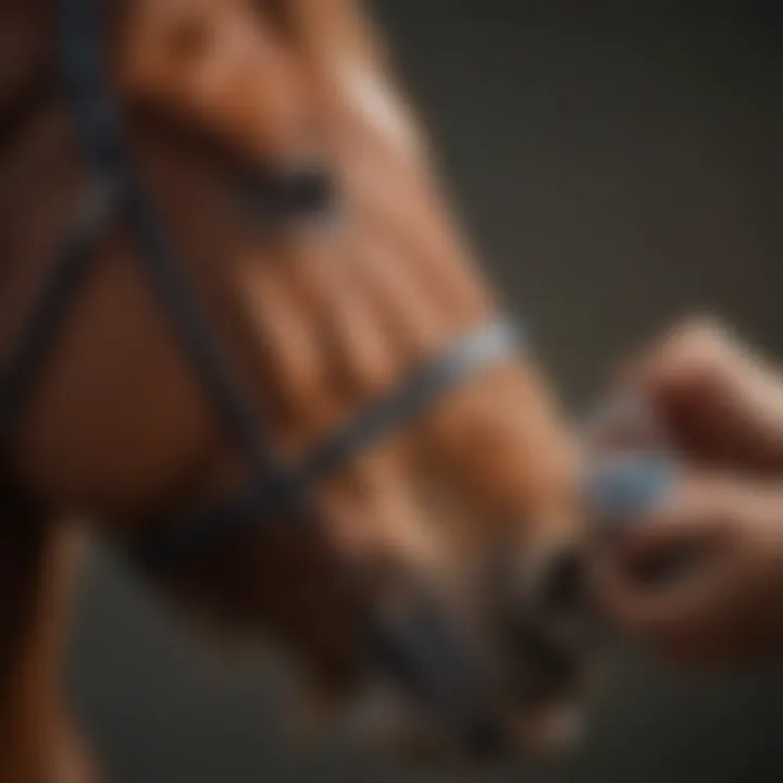 Close-up of a veterinarian examining a horse, demonstrating professional care and attention.