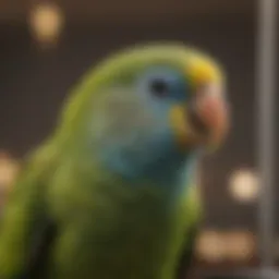Close-up of a healthy parakeet perched in its cage