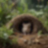 A close-up view of a mouse nest in a garden setting, illustrating the natural habitat of mice.