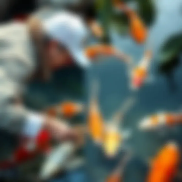 Koi owner engaging with their fish during feeding time