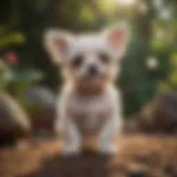 A small dog exhibiting playful behavior in a vibrant setting