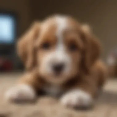 A cozy scene of a Mini Springerdoodle puppy resting comfortably