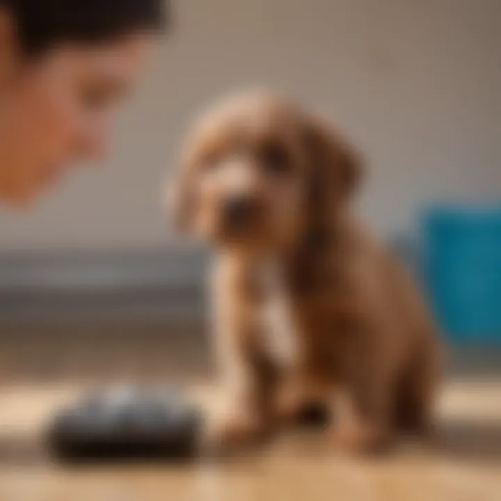 Mini Springerdoodle puppy engaged in a training session with its owner