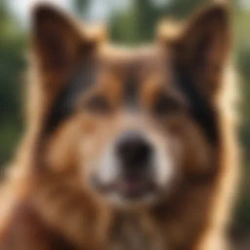 A close-up of a healthy adult dog with vibrant fur and a lively expression.