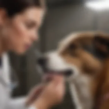 Veterinarian examining a dog's throat during a check-up.