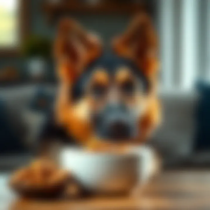 Curiosity of a German Shepherd at Meal Time A German Shepherd looking curiously at a bowl of food