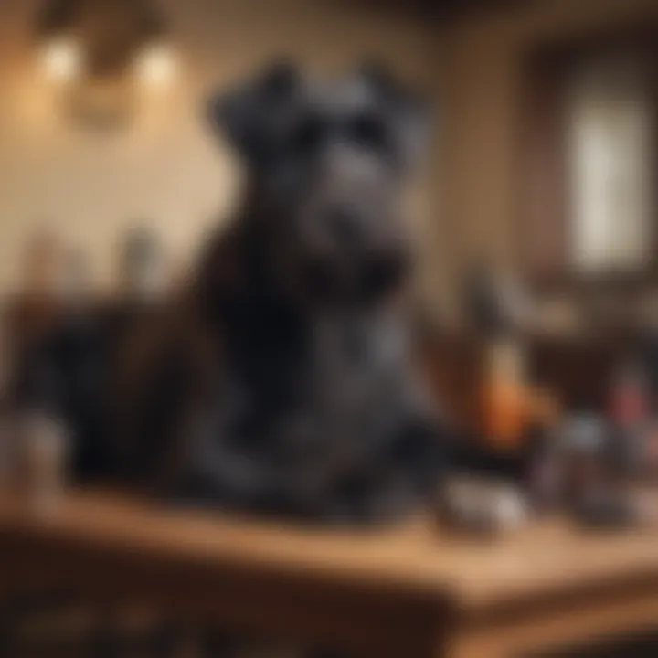 Grooming essentials for a Giant Schnauzer laid out on a table