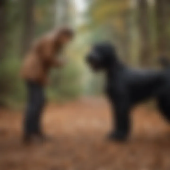A Giant Schnauzer interacting with its owner demonstrating their loyalty