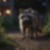 A raccoon exploring a backyard at night under moonlight