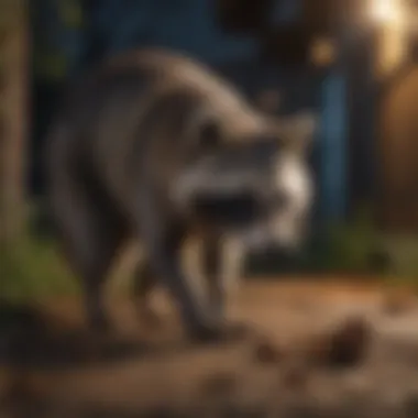Raccoon Foraging in a Residential Area Raccoon foraging for food in a residential area