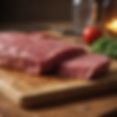 Raw beef slices on a cutting board