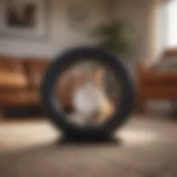 A sleek and modern spin kitty cat wheel in a cozy living room setting.