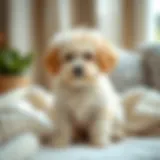 A teacup poodle puppy sitting in a cozy environment