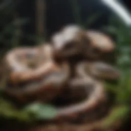 A vibrant display of various ball python morphs in a terrarium