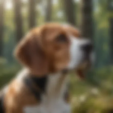 A beagle exploring the outdoors with its distinctive coat and alert expression