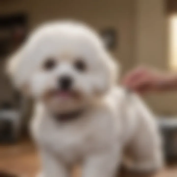 A Bichon Frise with a fluffy coat being groomed
