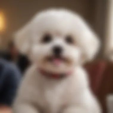 A Bichon Frise with a happy expression, sitting on a lap