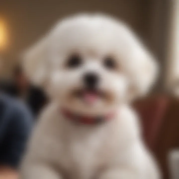 A Bichon Frise with a happy expression, sitting on a lap