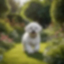 A Bichon Frise playing in a sunny garden