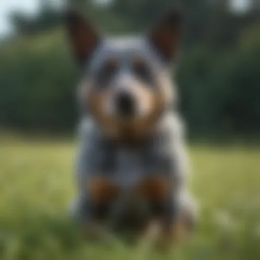 A Blue Heeler standing proudly in a grassy field