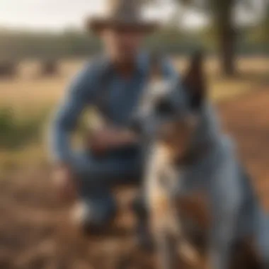 Blue Heelers: The Ideal Working Companion A Blue Heeler working alongside a farmer in a rural setting