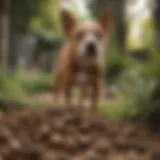 A curious dog approaches a pile of cat feces in a garden.