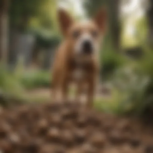 A curious dog approaches a pile of cat feces in a garden.