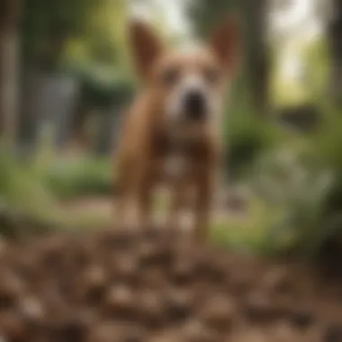 Curiosity of Dogs Towards Cat Feces A curious dog approaches a pile of cat feces in a garden.