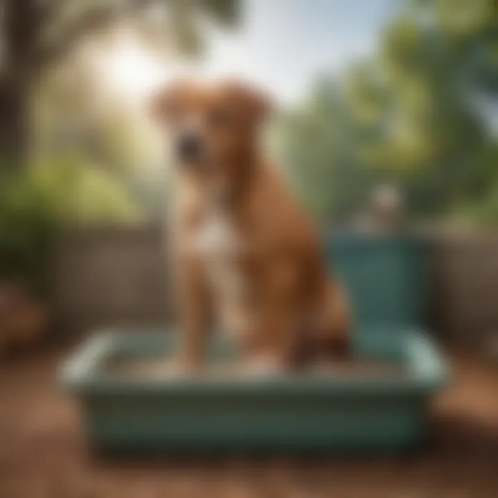 A dog in a park looking inquisitively at a cat's litter box.