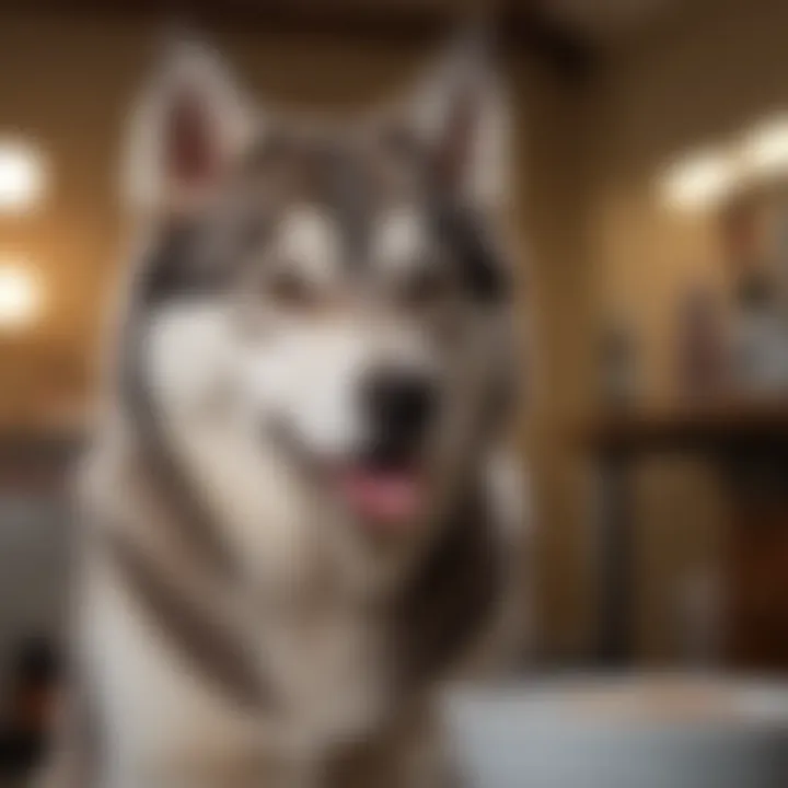 Health checkup of a smaller husky at the veterinarian's office