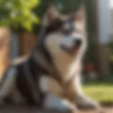 A smaller husky sitting playfully in a sunny backyard