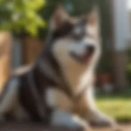 A smaller husky sitting playfully in a sunny backyard