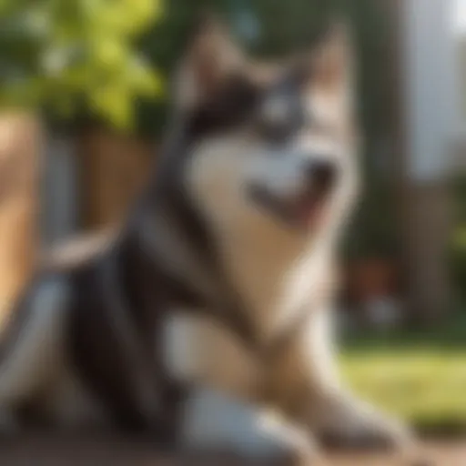 A smaller husky sitting playfully in a sunny backyard