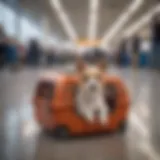 A small dog comfortably resting in an airline-approved pet carrier while at the airport.