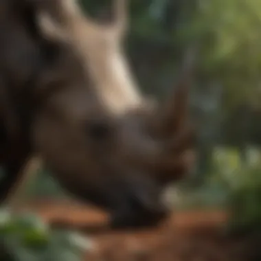 Close-up of a black rhinoceros feeding on leaves