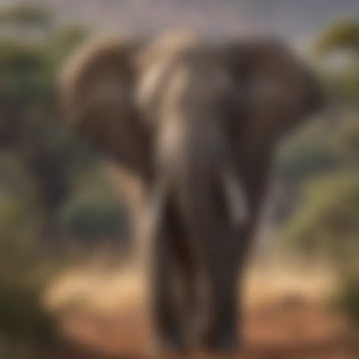 A close-up view of an African elephant in its natural habitat, showcasing its majestic features and the surrounding flora.