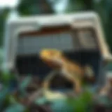 A well-ventilated lizard travel cage with a secure lid