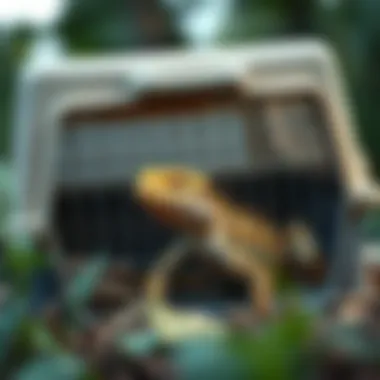 A well-ventilated lizard travel cage with a secure lid