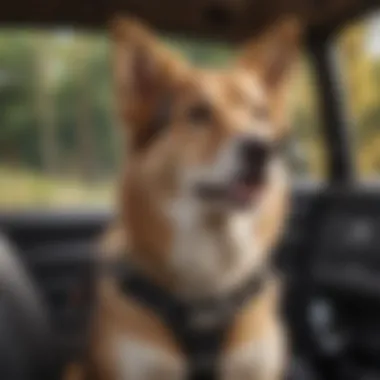 Dog Enjoying a Safe Car Ride A dog enjoying a car ride while safely secured with a seat belt