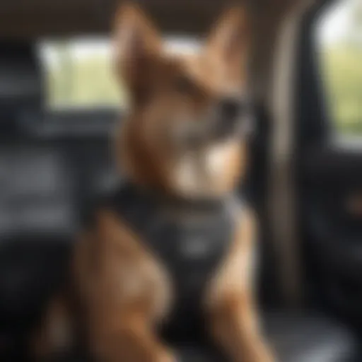 A well-secured dog in a car seat using a heavy duty seat belt